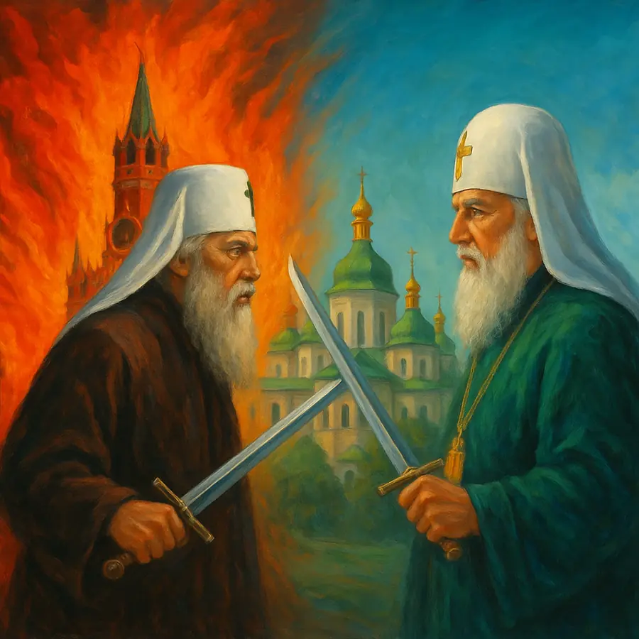 Два православні митрополити зі схрещеними мечами — московський на тлі вогню та Кремля і київський на тлі Софії Київської