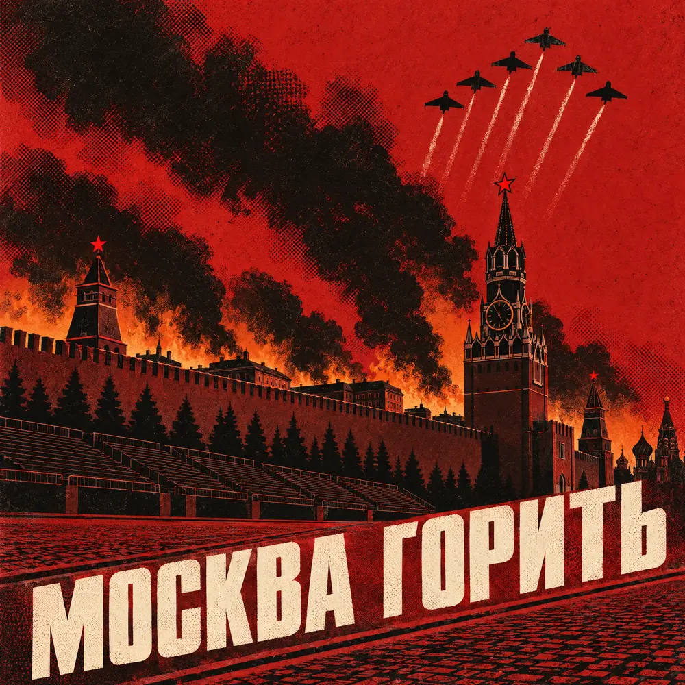 Обкладинка у стилі агітплаката: палаючий Кремль під червоним небом, чорний дим над стіною, ланка літаків із інверсійними слідами і напис «Москва горить»