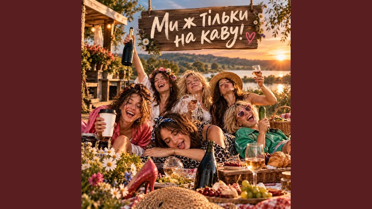 Обкладинка синглу: компанія подруг сміється на пікніку біля води, над ними дерев'яна табличка з назвою пісні