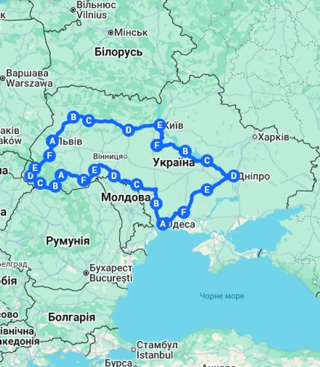 Карта маршруту велоподорожі навколо України
