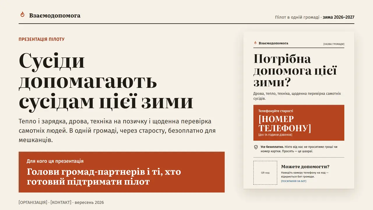 Титульний слайд презентації: «Сусіди допомагають сусідам цієї зими» — тепло і зарядка, дрова, техніка на позичку, щоденна перевірка самотніх людей